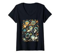 Women's Funny Space Cats Cosmic Adventure V-Neck T-Shirt