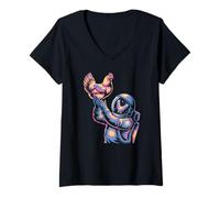 Women's Funny Space Chicken Lady Exploring The Starry Universe V-Neck T-Shirt