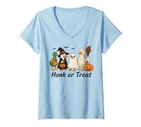 Womens Funny Spooky Goose Ghost Witch Mummy Silly Halloween Goose V-Neck T-Shirt