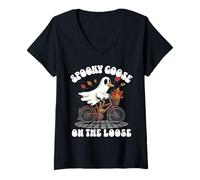 Womens Funny Spooky Goose On The Loose Halloween Ghost Silly Goose V-Neck T-Shirt