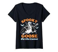 Womens Funny Spooky Goose on The Loose Silly Halloween Skeleton V-Neck T-Shirt