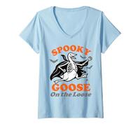 Womens Funny Spooky Goose on The Loose Silly Halloween Skeleton V-Neck T-Shirt