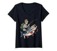 Womens Funny Spooky Skeleton Patriot Fishing American Flag Fish V-Neck T-Shirt