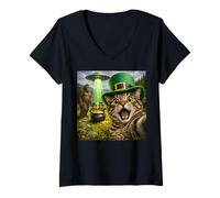 Women's Funny St Patricks Day Cat Selfie with Leprechaun Bigfoot UFO V-Neck T-Shirt