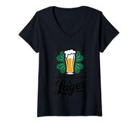Womens Funny St Patricks Day Powered by Luck & Lager Drinking Humor V-Neck T-Shirt