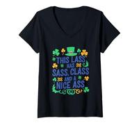 Women's Funny St. Patricks Day Shirt for Women Lass has Sass, Class V-Neck T-Shirt