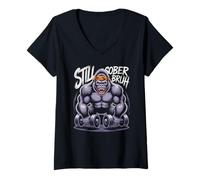 Womens Funny Still Sober Bruh Gorilla Sobriety AA Vibes NA Dad Mom V-Neck T-Shirt