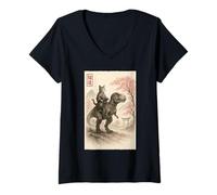 Womens Funny Sumi-e Kawaii Cat Riding Dinosaur Japanese Art V-Neck T-Shirt