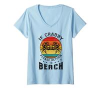 Women's Funny Summer Crab Crabby Please Return to Beach Lover Retro V-Neck T-Shirt