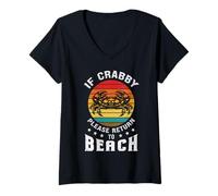 Women's Funny Summer Crab Crabby Please Return to Beach Lover Retro V-Neck T-Shirt