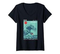 Women's Funny Surfing Cat Choshi Chiba Japan Wave Art V-Neck T-Shirt
