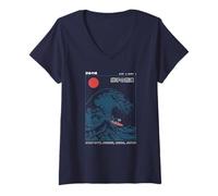 Women's Funny Surfing Cat Choshi Chiba Japan Wave Art V-Neck T-Shirt