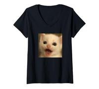 Womens Funny Surprised White Kitten Cat Blurry Photo Meme V-Neck T-Shirt
