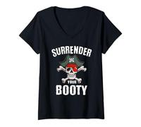 Women's Funny Surrender Your Booty Pirate Flag Skull Jolly Roger V-Neck T-Shirt