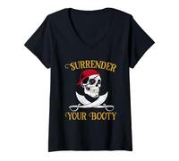 Women's Funny Surrender Your Booty Pirate Flag Skull Jolly Roger V-Neck T-Shirt