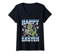 Women's Funny T-Rex Easter Bunny Dinosaur Retro Happy Easter V-Neck T-Shirt