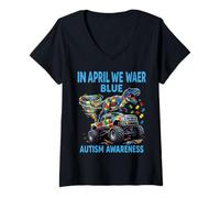 Women's Funny T Rex with Puzzle Autistic Autism Awareness Men Boys V-Neck T-Shirt