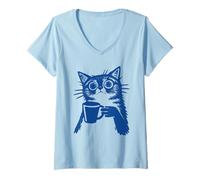 Womens Funny Tabby Cat Drinking Coffee Humor Coffee Lovers Cat Fans V-Neck T-Shirt