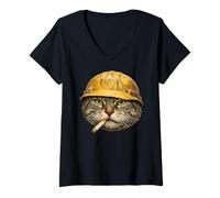 Women's Funny Tabby Cat Smoking Meme Vintage Hard Hat Cat Face V-Neck T-Shirt