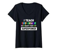 Women's Funny Teacher - I Teach 3rd Grade What's Your Superpower V-Neck T-Shirt
