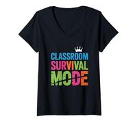 Womens Funny Teacher Life Classroom Survival Mode V-Neck T-Shirt