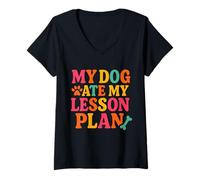 Womens Funny Teacher My Dog Ate My Lesson Plans School Staff V-Neck T-Shirt