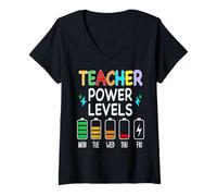 Womens Funny Teacher Power Levels Throughout the week V-Neck T-Shirt
