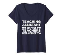 Women's Funny Teaching Assistant Because Teachers Need Heroes Too V-Neck T-Shirt, Navy Blue, XX-Large