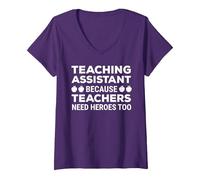 Women's Funny Teaching Assistant Because Teachers Need Heroes Too V-Neck T-Shirt, Purple, Medium