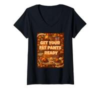 Women's Funny Thanksgiving Fat Pants Ready Feast Design V-Neck T-Shirt