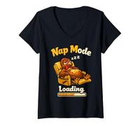 Women's Funny Thanksgiving Turkey Nap Mode Loading Food Coma Humor V-Neck T-Shirt