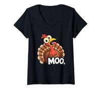 Womens Funny Thanksgiving Turkey Says Moo Cow Disguise V-Neck T-Shirt