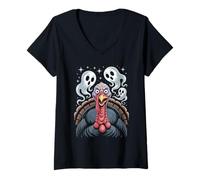 Womens Funny Thanksgiving Tutkey and Halloween Ghosts V-Neck T-Shirt