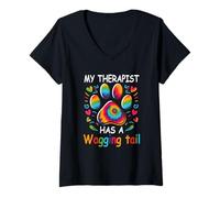 Womens Funny Therapy Service Dog My Therapist Has A Wagging Tail V-Neck T-Shirt