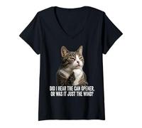 Women's Funny Thinking Cat - Did I Hear Can Opener Or Just The Wind V-Neck T-Shirt