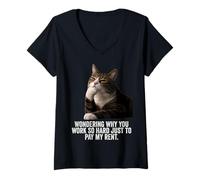 Women's Funny Thinking Cat - Work Hard and Pay My Rent V-Neck T-Shirt