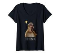 Women's Funny Thinking Monkey Meme T-Shirt Curious Ape Brainrot V-Neck T-Shirt