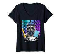 Women's Funny Third Grade Feral Raccoon Here I Am Back to School V-Neck T-Shirt