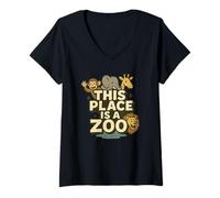 Womens Funny This Place is A Zoo Humor Shirt Sarcastic Jokes V-Neck T-Shirt
