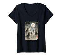 Womens Funny Three Cats Howling Moon Cute Kittens Sumi-e Kawaii V-Neck T-Shirt
