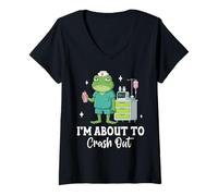 Women's Funny Tired Nurse Frog I'm About to Crash Out V-Neck T-Shirt