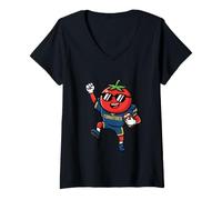 Women's Funny Tomato Football Player Cute Cartoon Game Day V-Neck T-Shirt