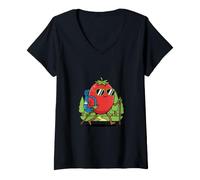 Women's Funny Tomato Hiker Cute Cartoon Camping Mountain Trail V-Neck T-Shirt
