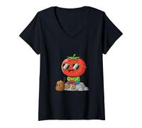 Women's Funny Tomato Hiker Cute Cartoon Camping Mountain Trail V-Neck T-Shirt