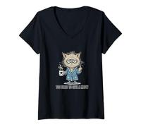 Womens Funny Too Tired to Give A Meow Funny Cat Coffee Morning Mood V-Neck T-Shirt
