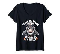 Womens Funny Touch My Beard and Tell Me I'm Pretty Monkey V-Neck T-Shirt