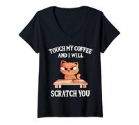 Women's Funny Touch My Coffee and I Will Scratch You Angry & Mad Cat V-Neck T-Shirt