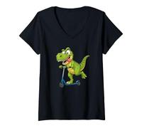 Women's Funny TRex Riding Scooter Cartoon Dinosaur Design V-Neck T-Shirt
