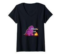 Womens Funny Triceratops Camping Marshmallow Kids Dinosaur V-Neck T-Shirt