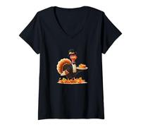 Womens Funny Turkey Pie with Falling Leaves for Autumn Lovers V-Neck T-Shirt